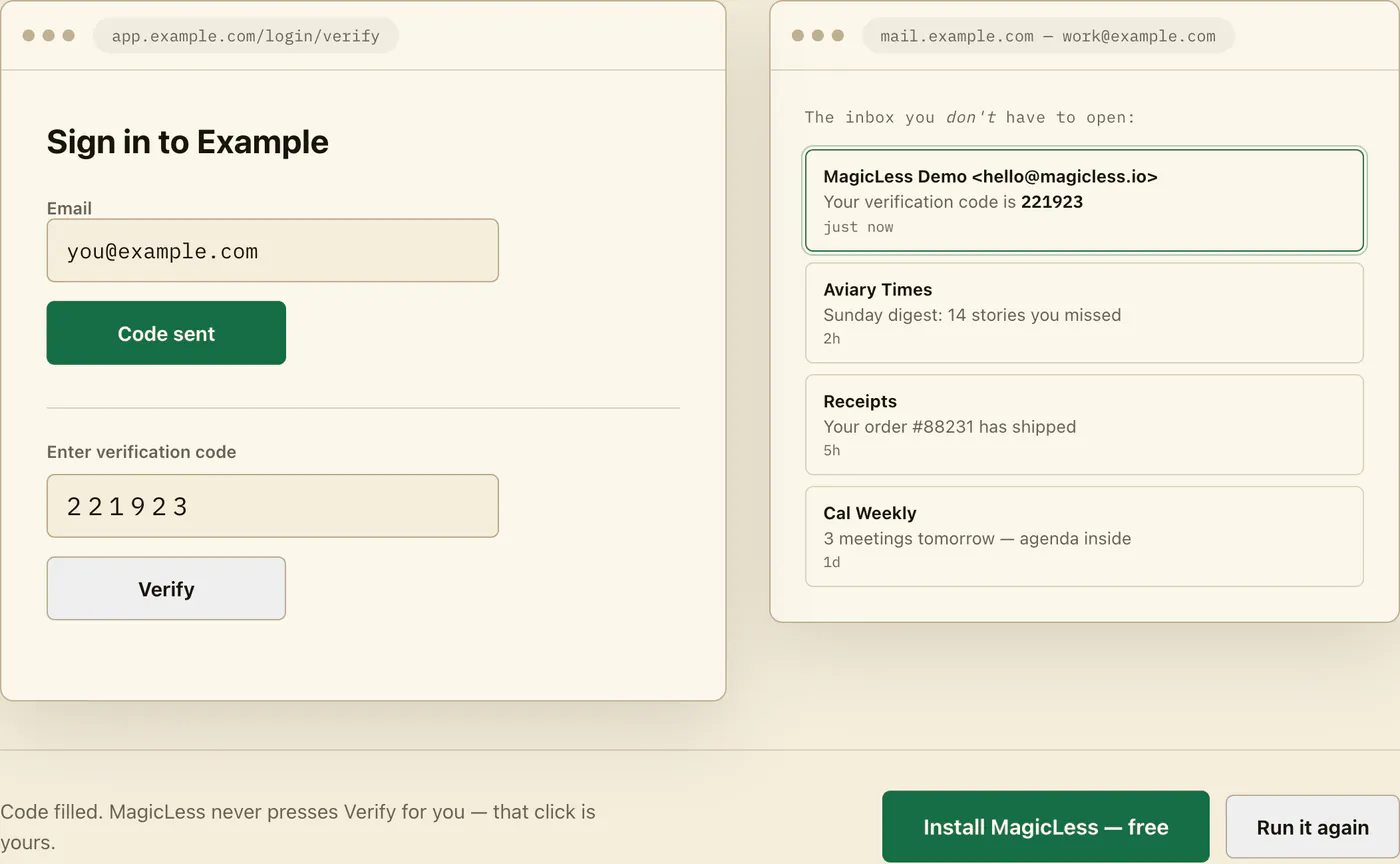 Demo sandbox after Fill: the emailed code sits in the field the password manager could not reach, and Verify is still yours to press