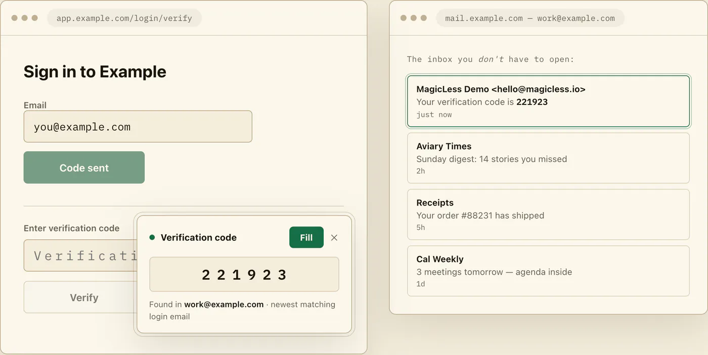 Demo sandbox: the MagicLess card shows the fresh code on the same login page, so there is no tab to close and no trip to the inbox