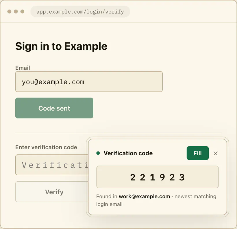 Demo sandbox: a shared inbox surfaces an arriving verification code that a teammate's own extension can then fill on their login page
